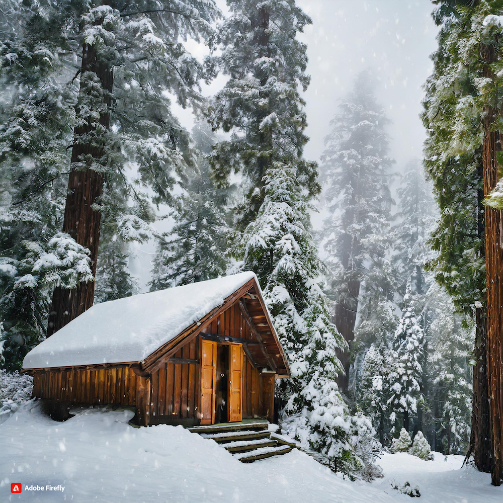  Firefly cabin in california redwoods trees covered in snow